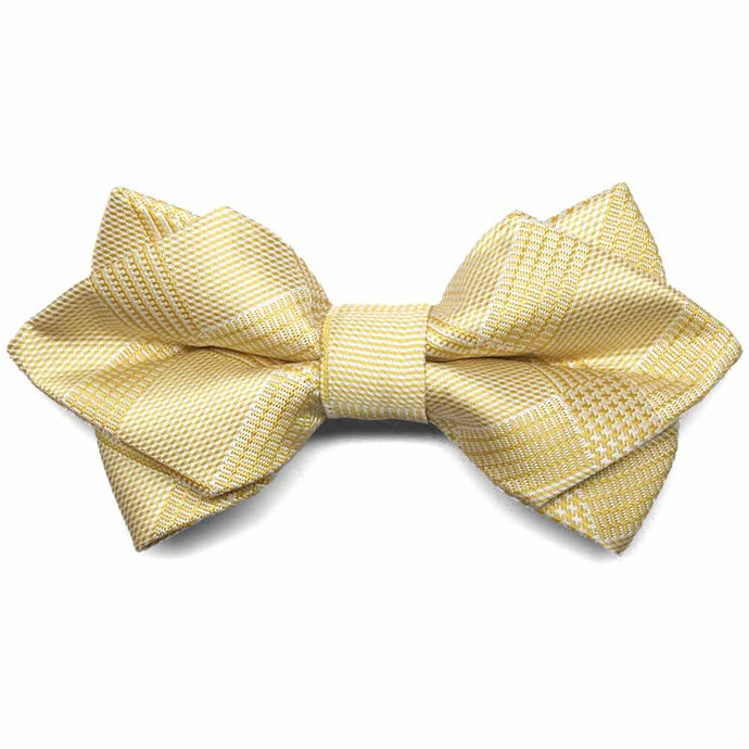 Light yellow plaid diamond tip bow tie, close up front view