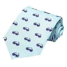 Load image into Gallery viewer, Cool dark blue sunglasses design on a light blue novelty tie