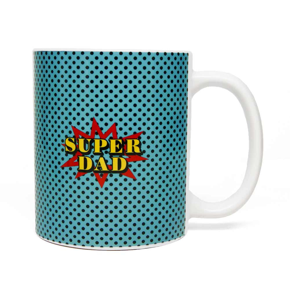 Comic book style super dad coffee/ tea cup or mug in a light blue color.