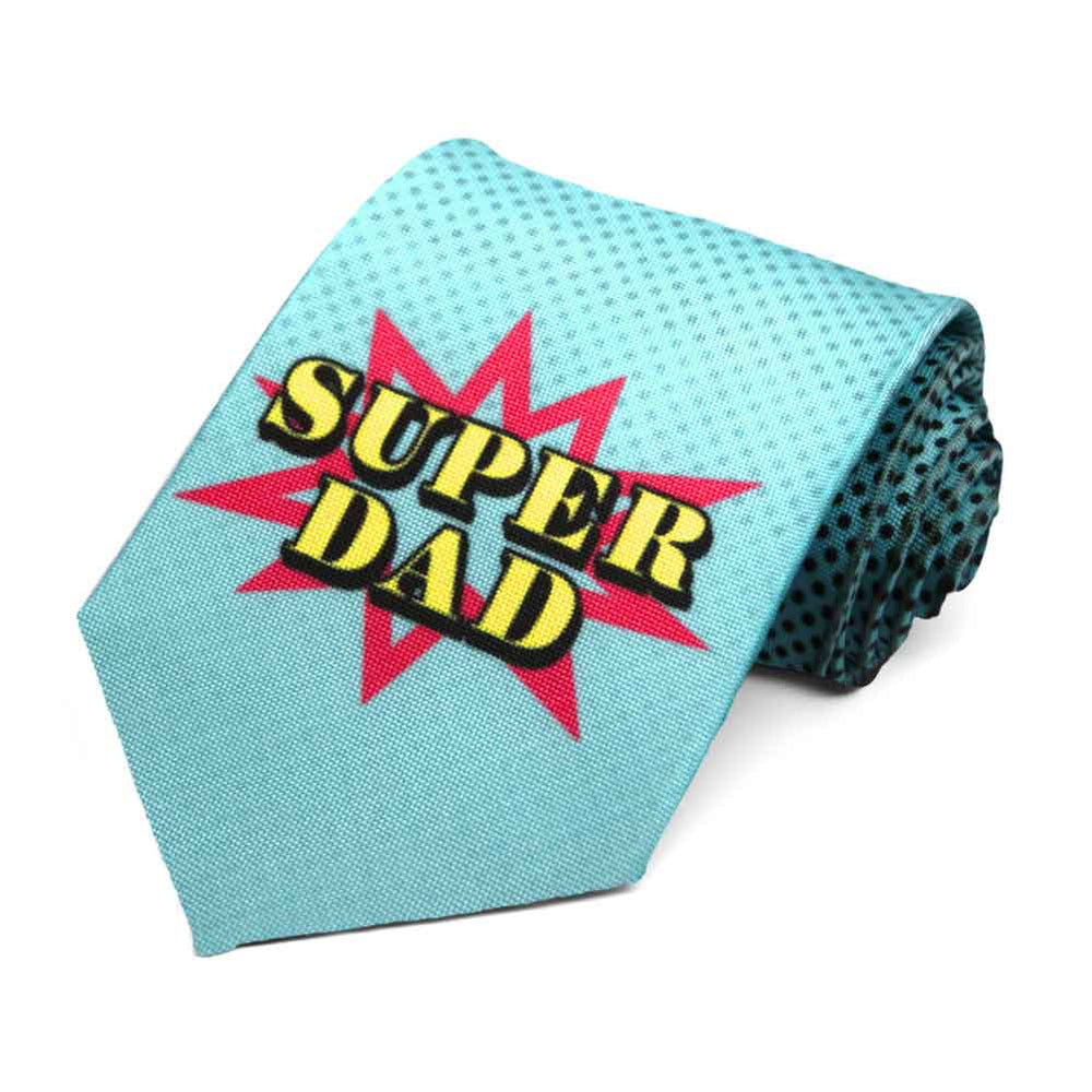 Comic book style super dad tie in a light blue color.