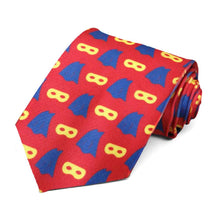 Load image into Gallery viewer, Primary colored super hero tie with a cape and mask design