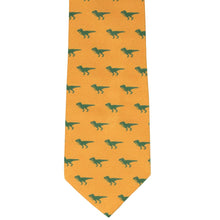 Load image into Gallery viewer, Front view amber orange necktie with t-rex dinosaur novelty pattern