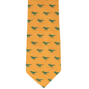 Front view amber orange necktie with t-rex dinosaur novelty pattern