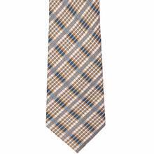 Load image into Gallery viewer, The front of a tan and blue plaid tie