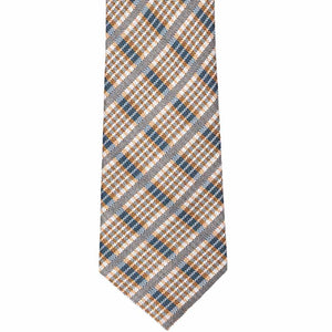 The front of a tan and blue plaid tie