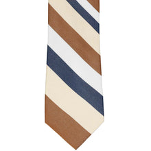 Load image into Gallery viewer, The front of a tan and blue wide striped tie, flat