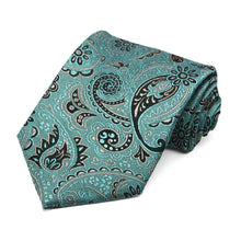 Load image into Gallery viewer, Teal and tan paisley necktie, rolled to show woven texture