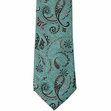 Load image into Gallery viewer, The front of a textured teal paisley tie with tan accents
