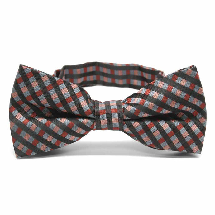 Terracotta and black plaid bow tie, front view
