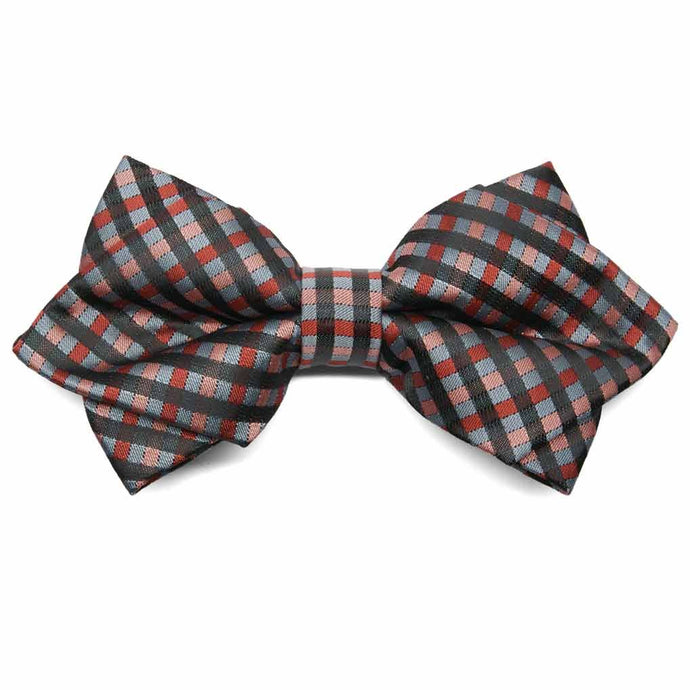 Terracotta, mauve and black diamond tip bow tie, front view