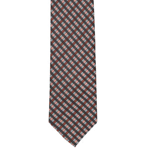 The front view of a terracotta and gray gingham plaid slim tie