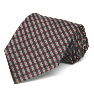 Terracotta, mauve and black plaid necktie, rolled view