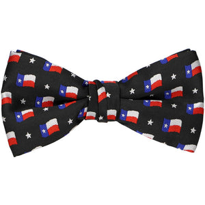 A black bow tie with a Texas state flag pattern