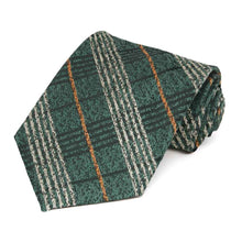 Load image into Gallery viewer, Dark green plaid necktie with thin orange and tan stripes rolled to show splotchy texture