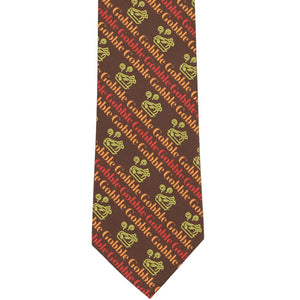 Flat view of a Thanksgiving novelty tie with turkey and gobble striped design