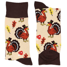 Load image into Gallery viewer, Pair of brown and tan socks with Thanksgiving turkey design