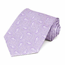 Load image into Gallery viewer, Light purple paisley extra long necktie, rolled to show pattern up close