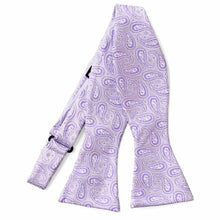 Load image into Gallery viewer, Light purple paisley self-tie bow tie, untied flat front view
