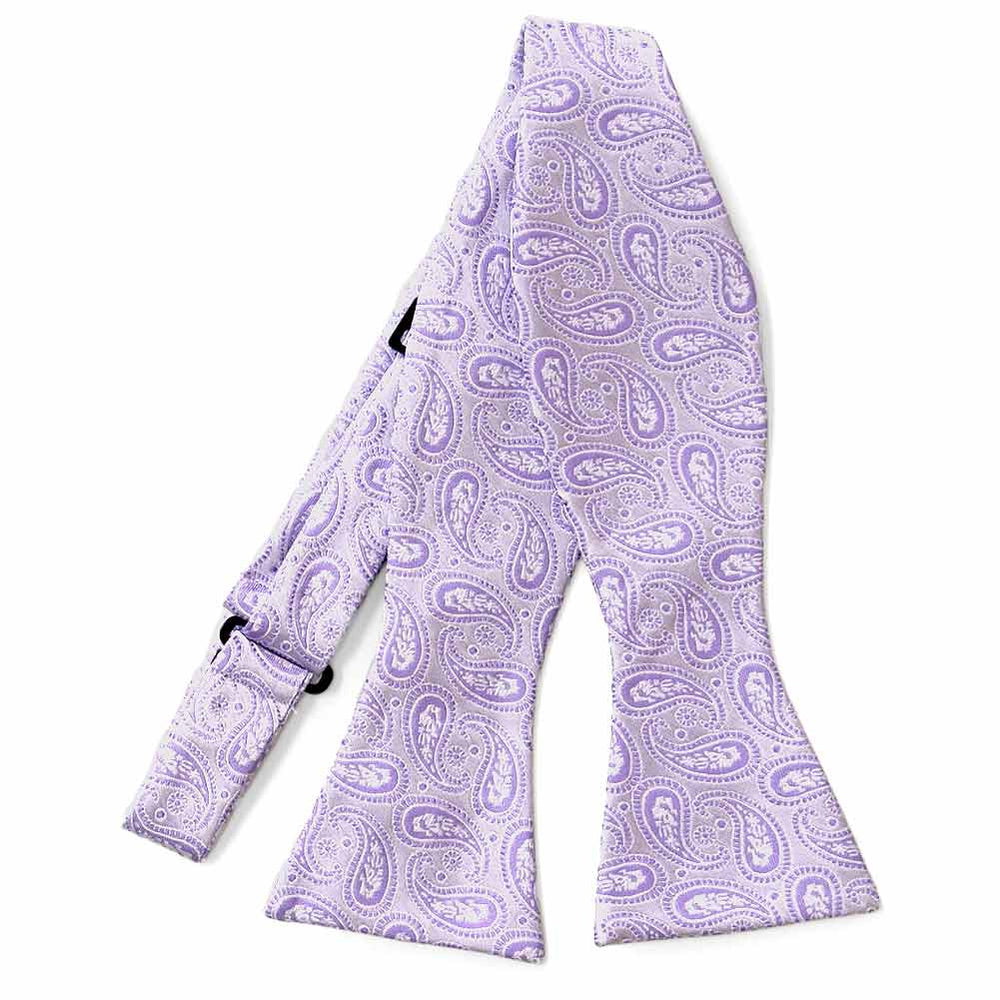 Light purple paisley self-tie bow tie, untied flat front view