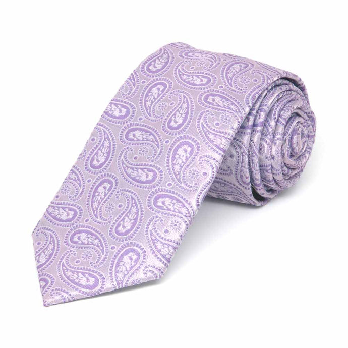 Rolled view of a light purple paisley slim necktie