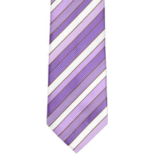 Load image into Gallery viewer, Front bottom view of a striped tie in shades of purple