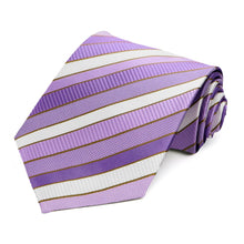 Load image into Gallery viewer, A light purple striped tie with different textures in the stripes, rolled to show off the pattern