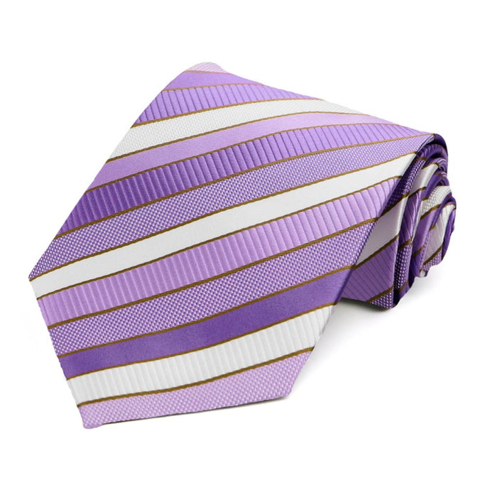 A light purple striped tie with different textures in the stripes, rolled to show off the pattern