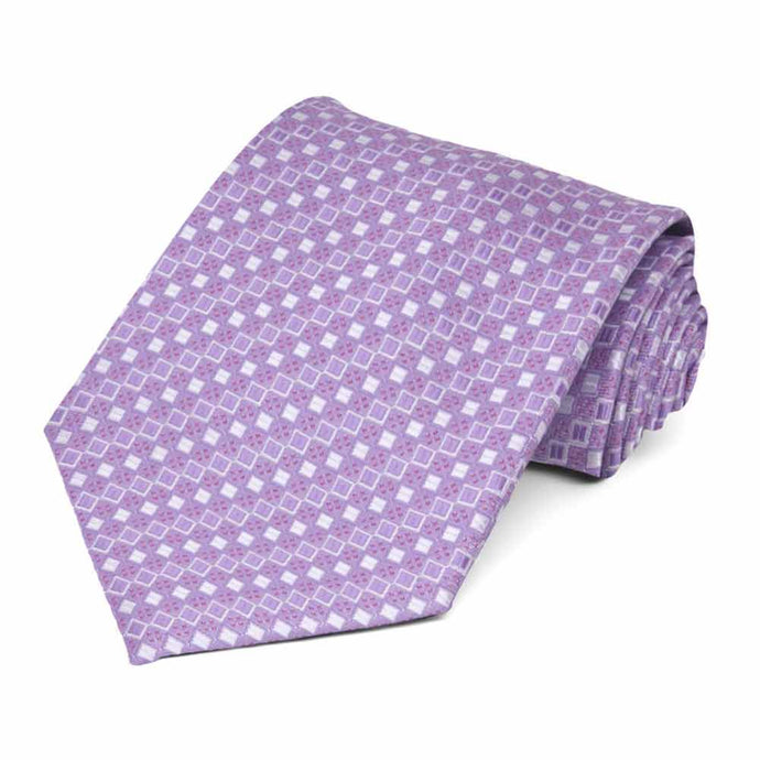 Rolled view of a light purple square pattern extra long necktie