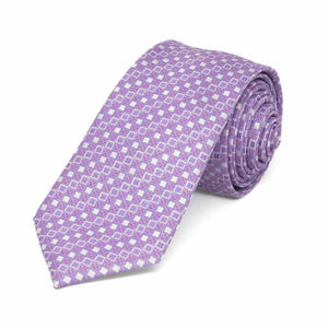 Rolled view of a light purple small square pattern slim necktie