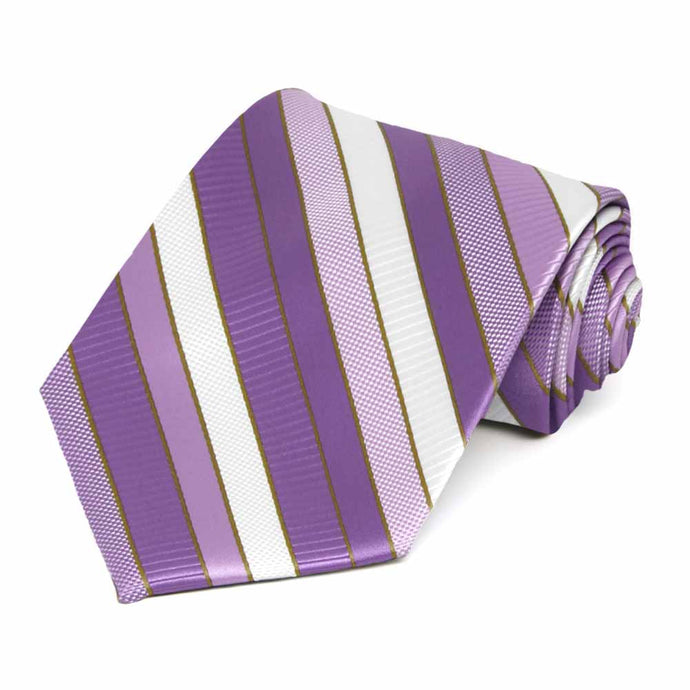 Rolled view of a purple, white and gold striped extra long necktie