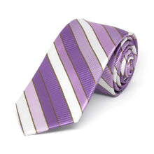 Load image into Gallery viewer, Purple and white striped slim tie, rolled to show texture of stripes