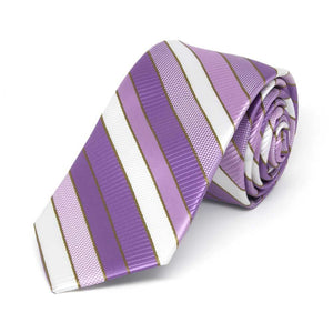 Purple and white striped slim tie, rolled to show texture of stripes