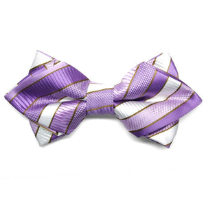 Front view of a purple, white and gold striped diamond tip bow tie