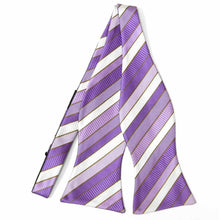Load image into Gallery viewer, Purple and white striped self-tie bow tie, front untied view