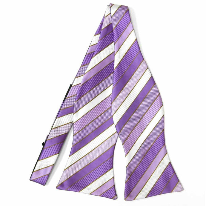 Purple and white striped self-tie bow tie, front untied view