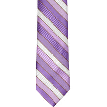 Load image into Gallery viewer, Front view of a thistle purple and white striped tie