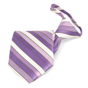 Purple and white striped zipper style tie, front folded view
