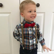 Load image into Gallery viewer, A toddler wearing tan suspenders with a red bow tie and plaid shirt