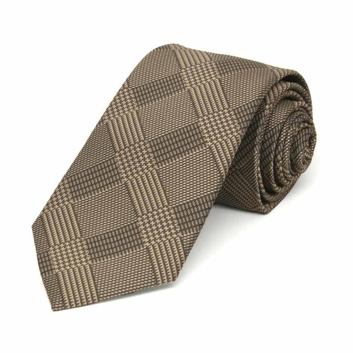 Light brown plaid slim necktie, rolled view