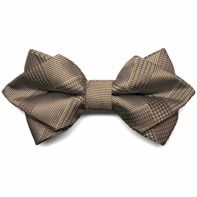 Light brown plaid diamond tip bow tie, close up front view