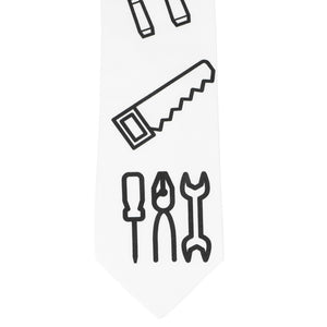Tool themed coloring book outlines on a white necktie