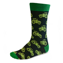 Load image into Gallery viewer, Men&#39;s green tractor theme socks on black background