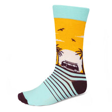 Load image into Gallery viewer, Men&#39;s tropical sunset themed crew socks vw van palm trees and birds