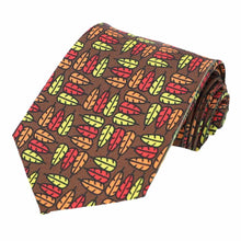 Load image into Gallery viewer, Orange, red and yellow turkey feathers on a brown tie.