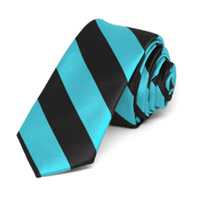 Load image into Gallery viewer, Turquoise and Black Striped Skinny Tie, 2&quot; Width