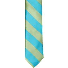 Load image into Gallery viewer, The front of a turquoise and clover green striped tie, laid out flat