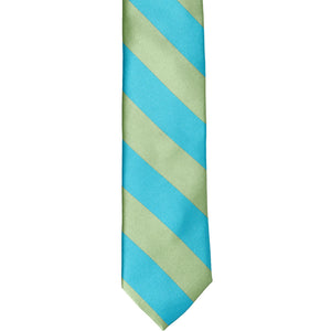 The front of a turquoise and clover green striped tie, laid out flat