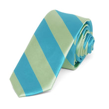 Load image into Gallery viewer, Turquoise and Clover Green Striped Skinny Tie, 2&quot; Width