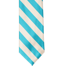 Load image into Gallery viewer, The front of a turquoise and cream striped tie, laid out flat