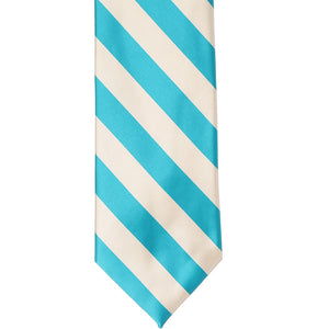 The front of a turquoise and cream striped tie, laid out flat